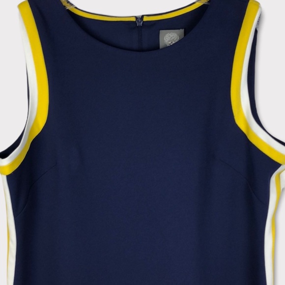 NWT Vince Camuto Striped Shift Dress, Navy Blue Yellow Gold Designer Mini Dress - Picture 3 of 5